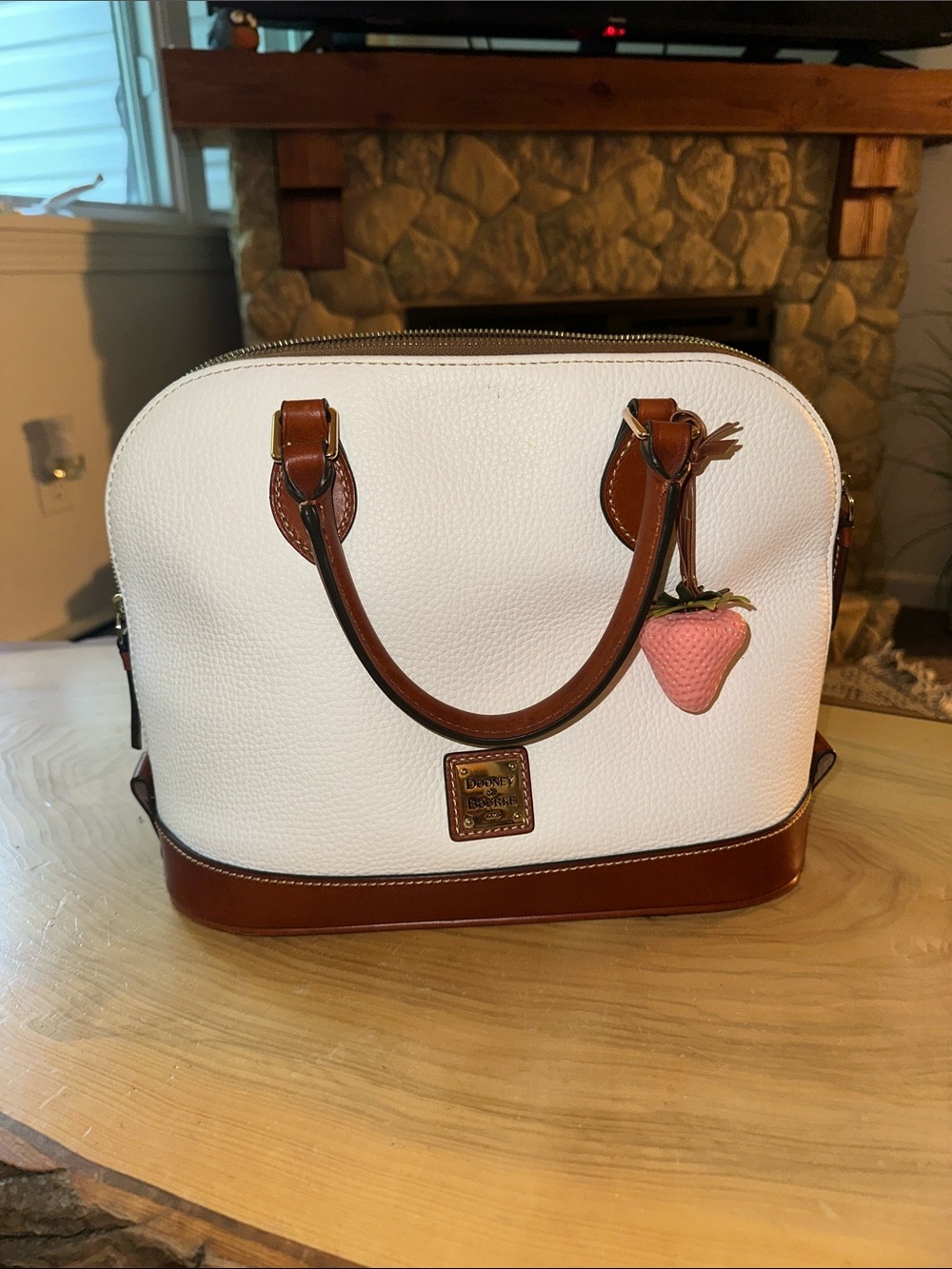 Dooney & Bourke White Pebbled Leather Satchel with Brown Trim